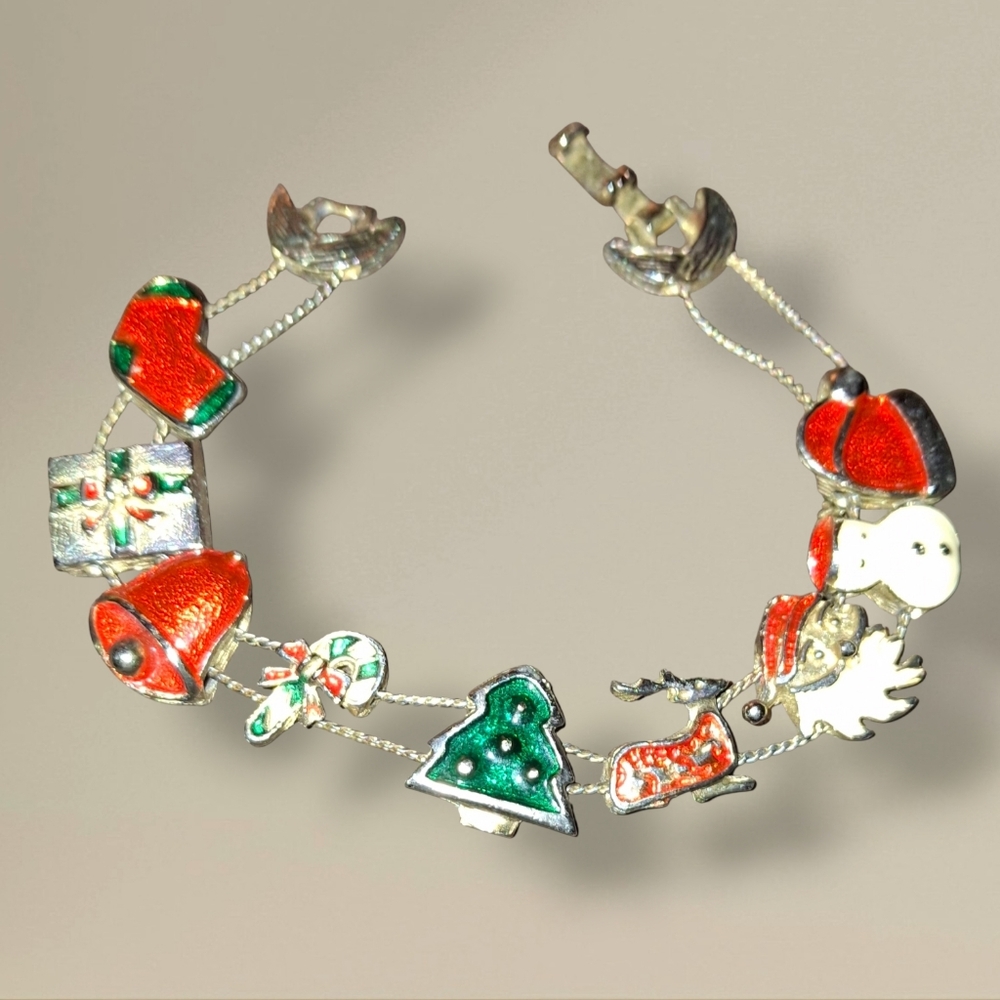 Vintage Christmas Theme Slide Charm Bracelet Korea Goldtone